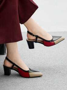 CUCCOO BIZCHIC 女士时尚尖头黑色米色缝线粗跟高跟鞋，圣诞节和春季日常通勤百搭鞋 - 黑色 - 查看 3