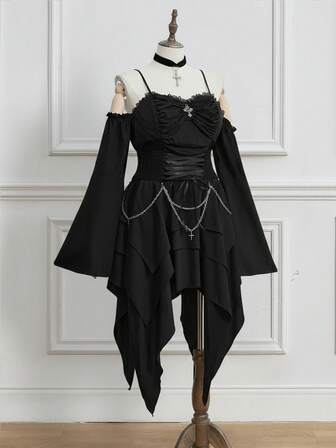 EDITION Vestido de mujer de manga abullonada con hombros descubiertos, cintura asimétrica con cadena metálica desmontable y estilo gótico vintage para tallas grandes