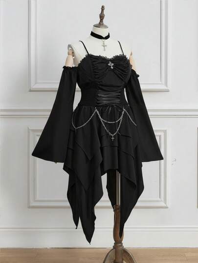 EDITION Vestido de mujer de manga abullonada con hombros descubiertos, cintura asimétrica con cadena metálica desmontable y estilo gótico vintage para tallas grandes