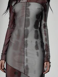 MUSERA 锁边印花网纱不对称长袖连衣裙，街头风，酷炫夜生活日常性感派对优雅之选。 - 彩色 - 查看 5