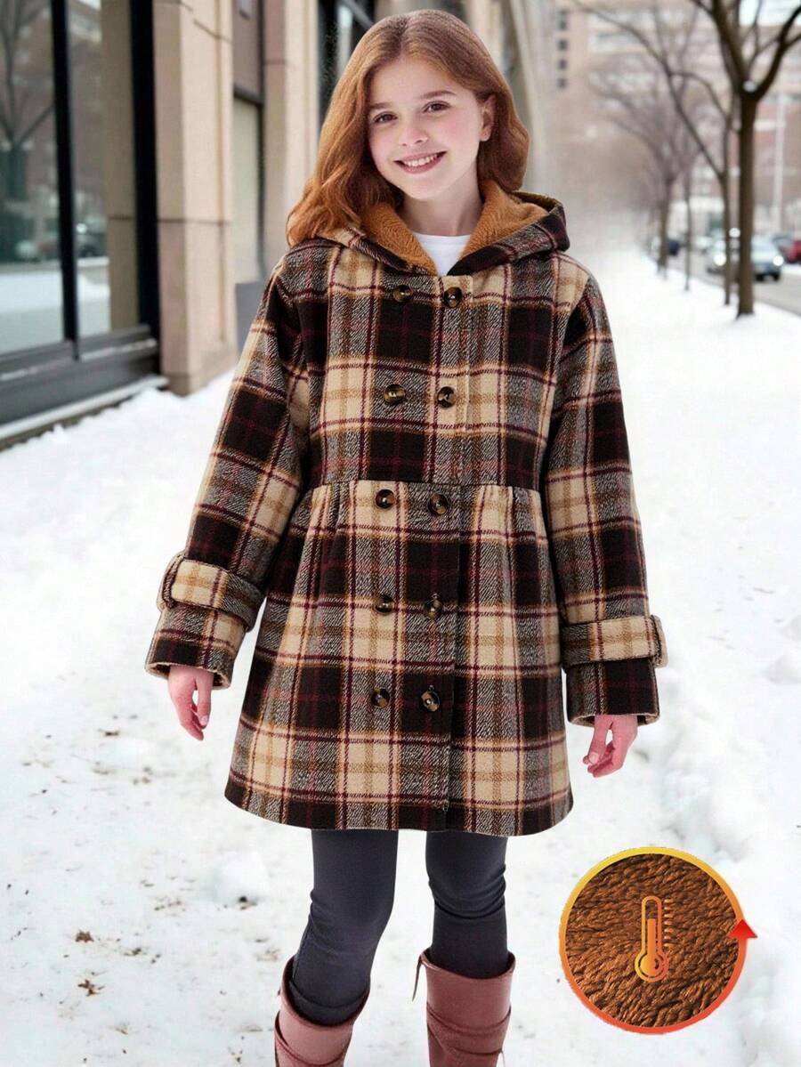 SHEIN Elladie kids 年轻女孩格子保暖内衬连帽双排扣冬季外套，时尚休闲日常穿着 - 棕色 - 查看 1