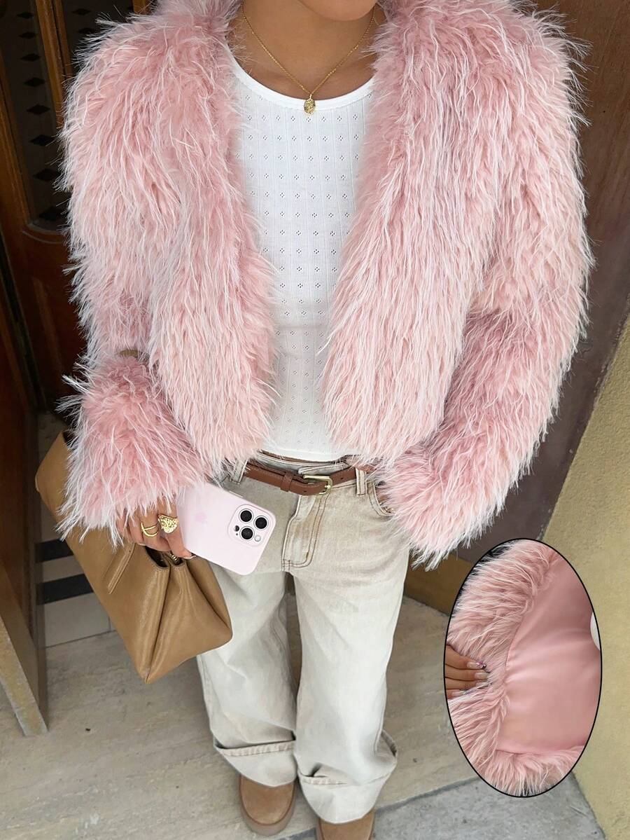 SHEIN Unity Women's Elegant Luxury Faux Ostrich Fur Lined Jacket - Pink - View 1