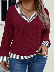 EMERY ROSE Plus Size Women V-Neck Ribbed Contrast Trim Soft Plus Size Ribbed Knit Sweatshirt, Autumn/Winter - Burgundy - View 3