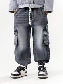 SUMWON 男童牛仔慢跑工装牛仔裤，配有实用口袋和弹性裤脚，街头风格