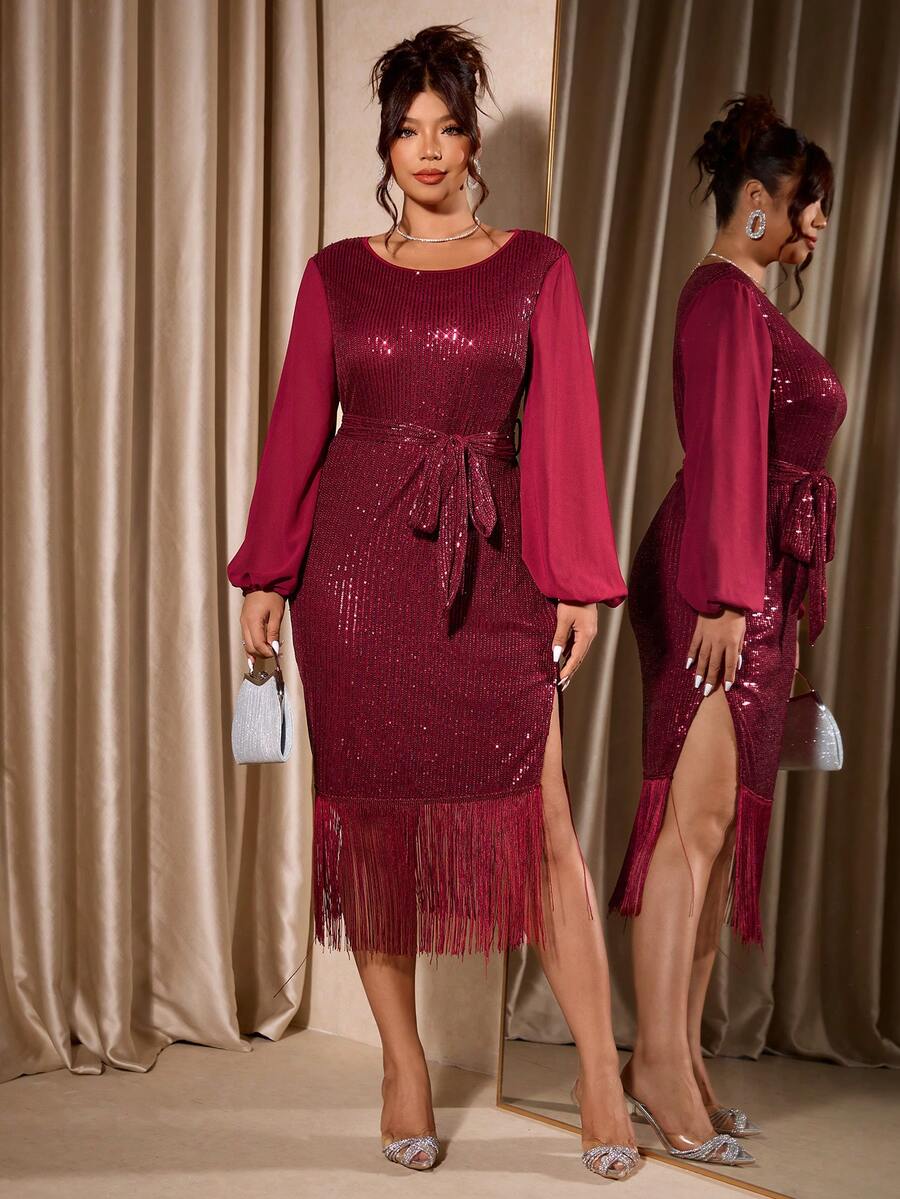 Cravure Christmas Plus Size Elegant Party Chiffon Patchwork Sequin Tassel Fitted Dress - Burgundy - View 1