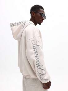 SUMWON Oversized Full Zip Hoodie With Script Print Casual Streetwear Sweatshirt,Suitable For Outdoor Music Festivals, Nightclubs, Bars, Boyfriend/Husband Gift, Anniversary Gift, Men Oversized Hoodie, Men Graphic Hoodie - White - View 1