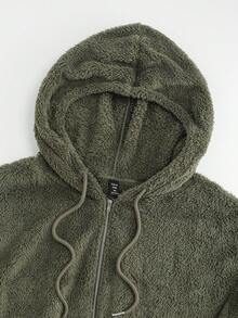SHEIN LUNE 大码女式纯色落肩长袖蓬松休闲连帽夹克，秋冬 - 軍綠色 - 查看 3