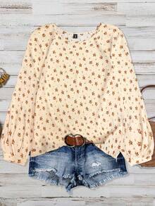 EMERY ROSE 女士加大码简约圆领纹理插肩袖碎花上衣，西部夏季波西米亚风可爱灯笼袖衬衫，2026春夏休闲度假上衣 - 卡其色 - 查看 1