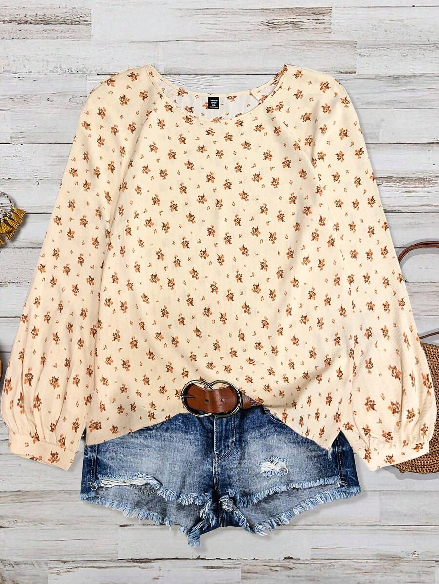 EMERY ROSE 女士加大码简约圆领纹理插肩袖碎花上衣，西部夏季波西米亚风可爱灯笼袖衬衫，2026春夏休闲度假上衣 - 卡其色 - 查看 1