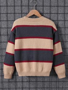 Tween Boy Striped Contrast Color Thick Casual Preppy Loose Pullover Knit Sweater,Grey,Autumn,School,Back-To-School,Soft Comfortable,Winter Kids Play - Khaki - View 2