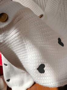 Comfortcana 女士休闲黑色心形图案超大落肩长袖薄款开衫，针织毛衣，秋冬 - 白色 - 查看 6