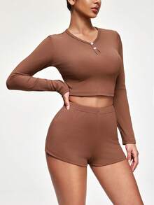 SHAPORA مجموعة ملابس علوية طويلة الأكمام رقبة على شكل حرف V مُنسدلة ناعمة وشورت للنساء، ملابس مريحة للخريف والشتاء، قطعتان - بني مخاوي - مشاهدة 4
