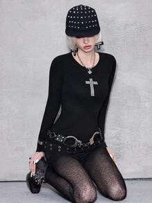 ROMWE Avant Y2K Punk Kreuz Nieten Design Figurbetontes Langarm Einfarbiges Vielseitiges Damen Kpop T-Shirt - Schwarz - Übersicht 7