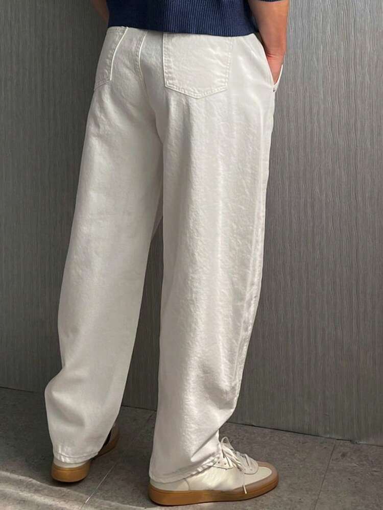 Men's Loose Fit Solid Color White Denim Jeans, Autumn