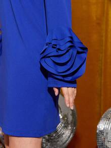 Amorya 女士优雅圆领百搭高端手工刺绣 H 型迷你连衣裙，适合圣诞派对、家庭聚会和多种场合，秋季 - 藏蓝色 - 查看 3