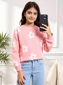 SHEIN Tween Girl 花卉印花圆领长袖毛衣，日常休闲 - 粉色 - 查看 8