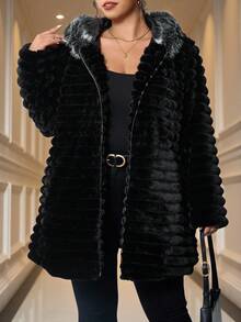 SHEIN Clasi Große Größen einfarbige Kapuzenjacke mit Kunstpelz, modisch für Herbst/Winter - Schwarz - Übersicht 12