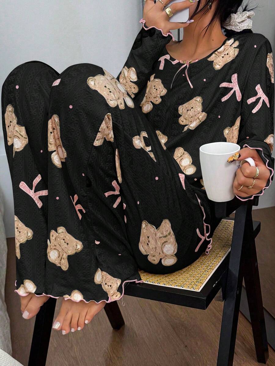 SHEIN Bow & Bear Print Jacquard Knit Long Sleeve Top & Pants Pajama Set Fall Winter Clothes - Black - View 1