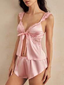 SHEIN 2件套优雅法式蕾丝、缎面、舒适女士睡衣套装 - 粉色 - 查看 5