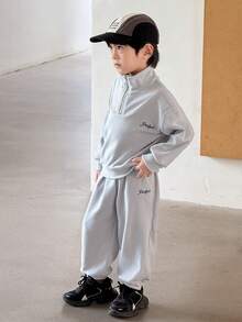 SHEIN 男童休闲立领半拉链长袖卫衣和保暖运动裤套装，秋冬款 - 灰色 - 查看 2