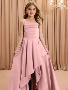 Tween Girl' 优雅时尚奢华细肩带交叉肩无袖高腰收腰喇叭下摆长款不对称下摆设计纯色缎面闪亮面料高端圣诞节、毕业典礼、派对、万圣节粉色连衣裙 - 粉色 - 查看 5