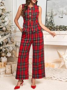 Ellevyn 女士圆领无袖红色格子开衫背心和直筒裤优雅装扮，适合日常穿着、节日、秋冬、圣诞节，两件套 - 彩色 - 查看 12