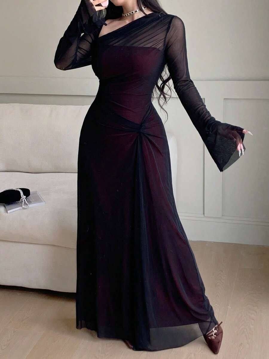 Feyla Women's Elegant Sexy Party Dinner Date Birthday Asymmetric Neck Flare Sleeve Dress,Dresses For Women Elegant Black Autumn - Black - View 1