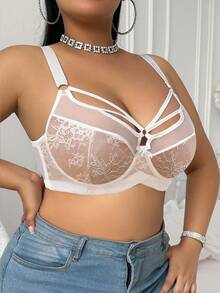 SHEIN 1pc Plus Size Lace Patchwork Underwire Bra, Lift - White - View 3