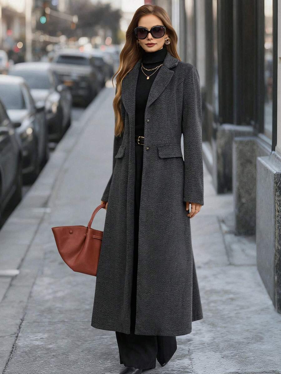 EMERY ROSE 花卉图案灰色缺角领单排扣优雅长款女士大衣