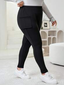 SHEIN CURVE+ 大码女式高弹力保暖内衬打底裤，带侧袋，基本款返校大码打底裤，大码紧身裤，大码高弹力带口袋打底裤 - 黑色 - 查看 5