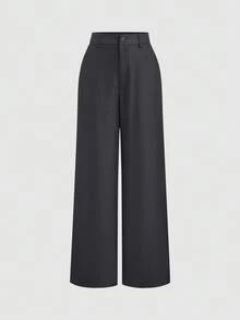 SHEIN Unity 休闲直筒百搭百搭时尚宽松设计修身美式学院风女士西装裤 - 深灰色 - 查看 1