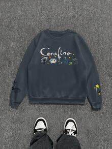 INAWLY Plus Size Women Cartoon Embroidery Crew Neck Sweatshirt - Dark Grey - View 4