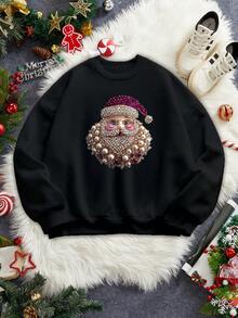 Manfinity Homme Homme Noël Décontracté Gemme et Perle Impression du Père Noël Doublure Thermique Noir Tricot Pull Sweat-shirt-shirt, Automne/Hiver - Noir - Voir 1