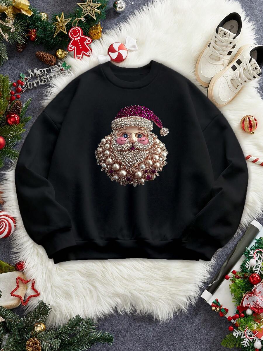 Manfinity Homme Homme Noël Décontracté Gemme et Perle Impression du Père Noël Doublure Thermique Noir Tricot Pull Sweat-shirt-shirt, Automne/Hiver - Noir - Voir 1