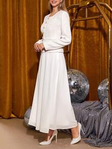 Amorya Women's Elegant Crew Neck Cardigan & Chiffon Skirt 2 Piece Set, Suitable For Daily & Occasion Wear, Autumn White Elegant Dress Women Long Sleeve Elegant Dress White Modest Dress White Skirt Set White Abaya Elegant Women's Set , Women Autumn Winter  Maija Fall Winter 2025 Women Maija - White - View 8