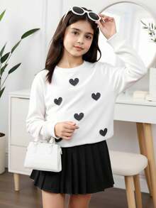 2 chiếc áo nỉ chui đầu trang trí hình trái tim lấp lánh cho bé gái tuổi mới lớn kèm chân váy ngắn xếp ly màu xám, trang phục thường ngày cho mùa thu/đông - Nhiều màu - Xem 4