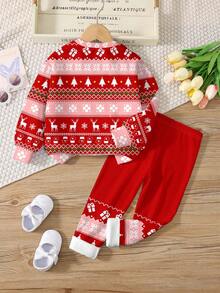 SHEIN Bộ 2 món/Bộ thời trang thường ngày cổ điển cho bé gái hình bông tuyết, chuông, hoa, quà tặng, tuần lộc in hình dễ thương, cổ tròn, tay dài, áo nỉ và quần legging, thích hợp cho mùa thu/đông, Giáng sinh - Nhiều màu - Xem 4