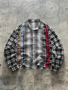 AXEPEAK Contrast Plaid Long Sleeve Button-Front Casual Shirt For Men, For Fall - Black and White - View 1
