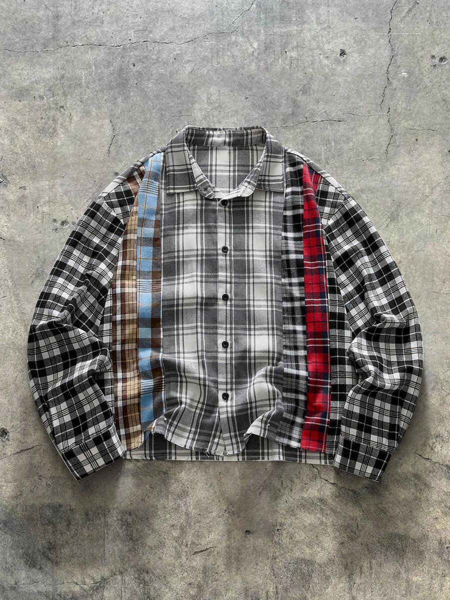 AXEPEAK Contrast Plaid Long Sleeve Button-Front Casual Shirt For Men, For Fall - Black and White - View 1