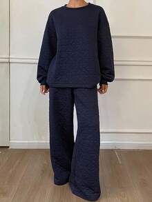 Livesso 2pcs Women's Thick, Loose, Business Casual Textured Houndstooth Crew Neck Sweatshirt And Wide Leg Pants Set, Suitable For Office Wear, Autumn/Winter Lounge Sets For Women - Navy Blue - View 6