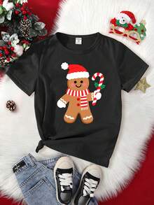 SHEIN T-shirt nera a maniche corte con stampa grafica di Babbo Natale e omini di pan di zenzero, adatta per ragazze, ideale per feste e raduni natalizi - nero - Visualizzare 3