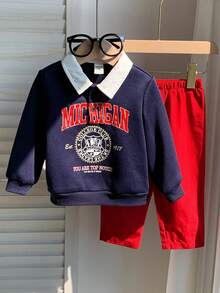 SHEIN Bộ 2 quần áo nỉ có mũ họa tiết chữ màu xanh navy dễ thương thời trang thu đông cho bé trai và quần cạp chun, thích hợp cho tiệc sinh nhật, tiệc rave, tiệc tối, biểu diễn, đám cưới, tháng đầu tiên, lễ rửa tội và lễ kỷ niệm sinh nhật đầu tiên, khách dự tiệc cưới, trang phục rửa tội cho tiệc chào đón em bé - Nhiều màu - Xem 3
