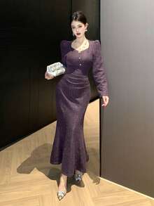 DAZY 优雅泡泡袖褶饰纽扣女式长裙，秋季 - 紫色 - 查看 2