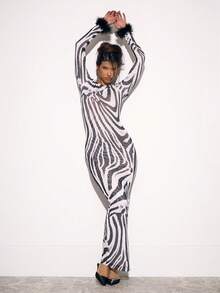 MUSERA Zebra Print Mesh Feathered Trim Fitted Long Sleeve Maxi Long Dress Autumn Fall Halloween S Night Out Party Sexy Elegant Chic Summer - Multicolor - View 1