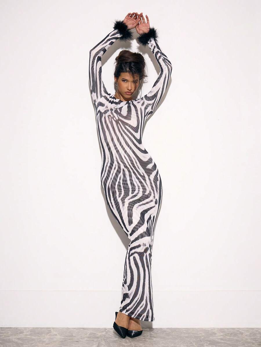 MUSERA Zebra Print Mesh Feathered Trim Fitted Long Sleeve Maxi Long Dress Autumn Fall Halloween S Night Out Party Sexy Elegant Chic Summer - Multicolor - View 1