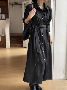 DAZY 女式休闲通勤前扣长衬衫裙