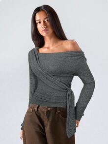 LYSMO 女士优雅通勤灰色不对称系带领 T 恤露肩裹身上衣，适合商务休闲、返校、毕业、街头服饰和斯德哥尔摩风格返校、秋季上衣 - 灰色 - 查看 3