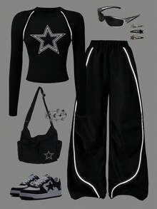 Sparklyn Conjunto de camiseta y pantalones casuales para adolescentes y niñas preadolescentes, con estampado de estrella blanca en el pecho y cordón decorativo blanco, adecuado para caminar, ir de compras, ir a la escuela, se puede combinar con chaqueta o chaleco