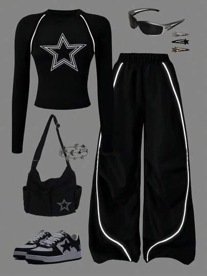 Sparklyn Conjunto de camiseta y pantalones casuales para adolescentes y niñas preadolescentes, con estampado de estrella blanca en el pecho y cordón decorativo blanco, adecuado para caminar, ir de compras, ir a la escuela, se puede combinar con chaqueta o chaleco