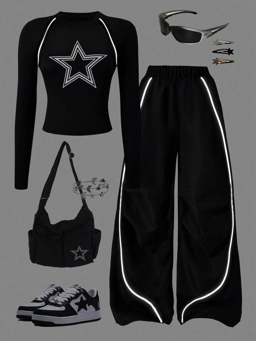 Sparklyn Conjunto de camiseta y pantalones casuales para adolescentes y niñas preadolescentes, con estampado de estrella blanca en el pecho y cordón decorativo blanco, adecuado para caminar, ir de compras, ir a la escuela, se puede combinar con chaqueta o chaleco